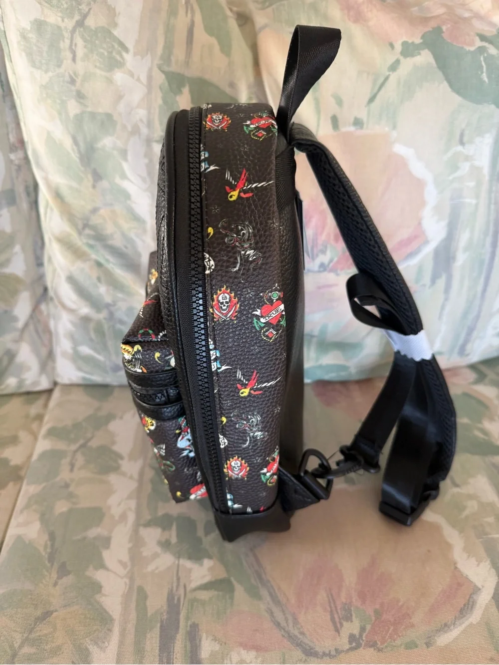 Ed Hardy Black Multi Tattoo Print Mini Backpack Sling Crossbody Bag NWT